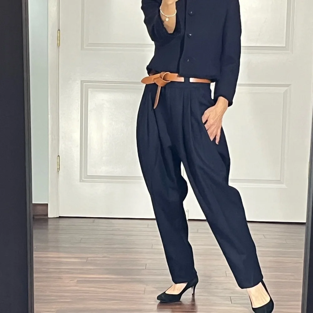 Vintage navy pleated trousers tapered legs - Picture 5 of 11